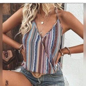 Skue Halter Neck Indie Tribal Print Wrap Front Boho Tank Top Women Size M